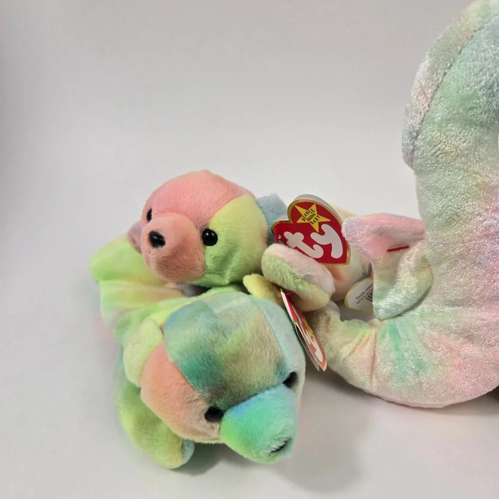 Ty Beanie Babies Lot Neon Seahorse Fuzz Bear Sammy Bear Tie Dye Plush Bundle 3pc